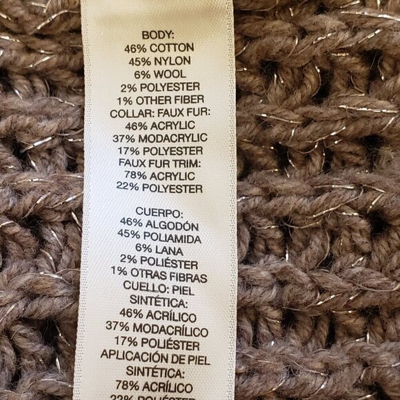 Chico's Sleeveless Open Front Taupe Sweater Vest w/ Faux Fur Collar, Size 3 (XL) - Picture 10 of 12